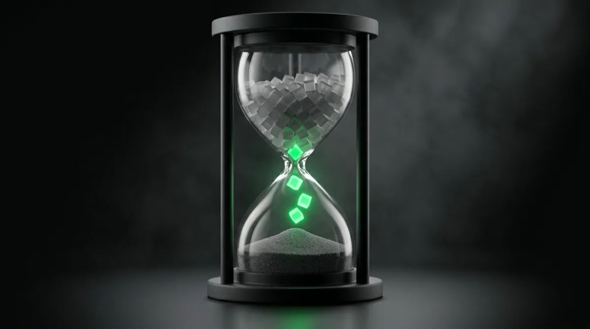 A matte-black hourglass in a dark chamber with frosted cubes falling through the neck, three of them glowing emerald green mid-fall, standing for the discrete model calls inside a single agent task loop