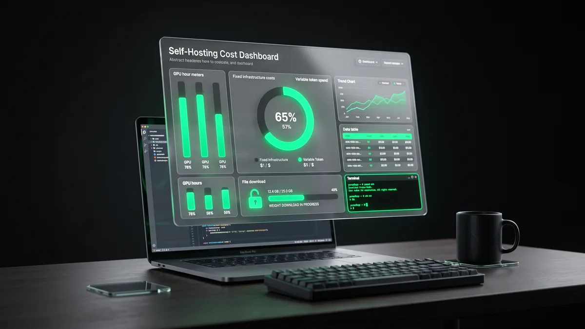 Self-hosting cost dashboard floating above a laptop, with GPU hour meters, an emerald circular gauge comparing fixed infrastructure cost to variable token spend, and a weight download progress bar