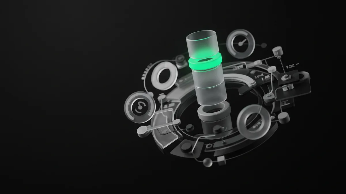 A floating frosted-glass gauge and tall segmented supply column in a dark void, one upper ring glowing vivid emerald while the lower ring stays gray, two separate meters that do not reset together