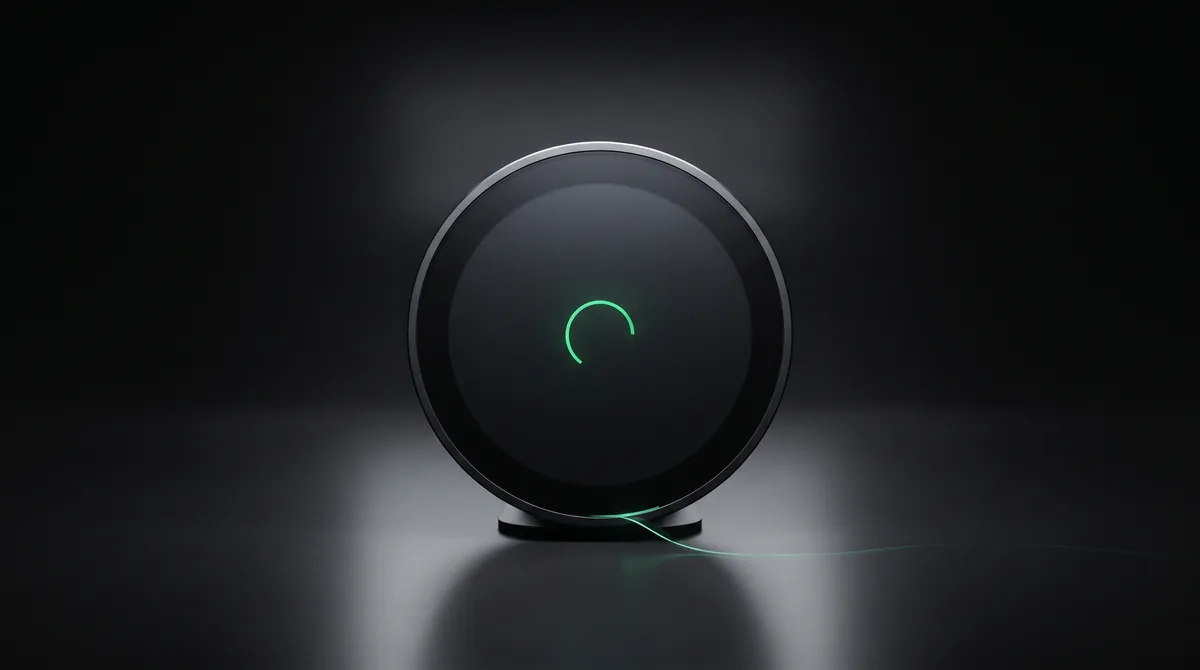 Aerial macro view of a single matte-black circular oversight console on a dark reflective surface, one thin emerald arc glowing dormant at its center while a faint emerald sliver leaks out across the floor