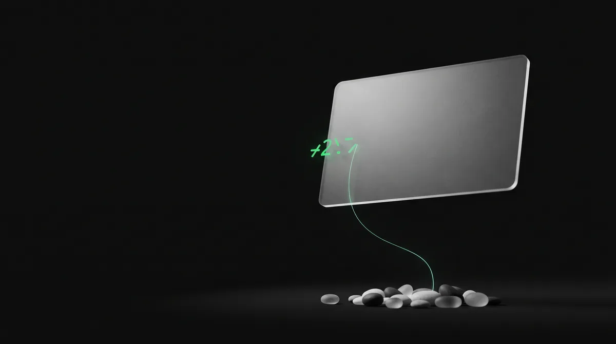 A single floating frosted-glass message board in a dark void tilted slightly, a few faint emerald abstract marks being written on its edge and a thin green thread connecting it down to small grayscale pebbles on a dark plane