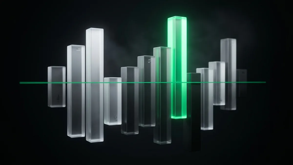Floating glass bars of unequal height with the tallest breaching an emerald threshold line
