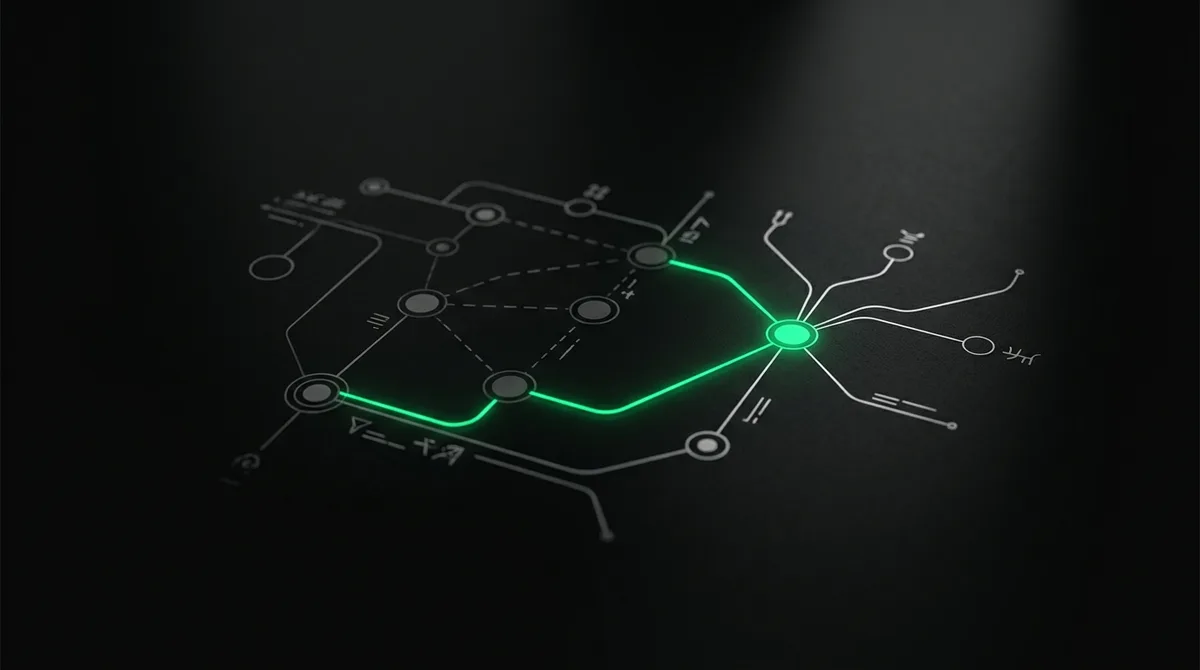 Archetype 10 (schematic blueprint over dark canvas): a technical schematic drawn in emerald green #22c55e lines above a dark textured surface showing disconnected nodes rerouting to one glowing emerald node, grayscale around it, no text, no people