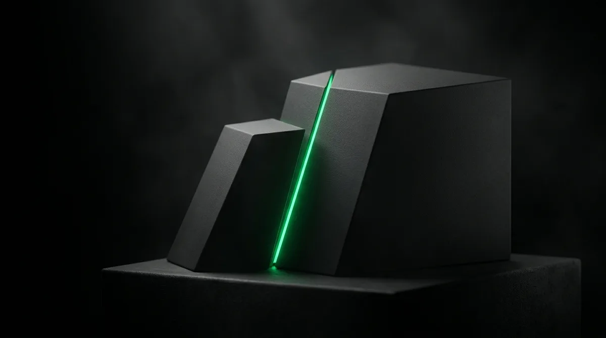Archetype 3 (architectural still life): two matte-black geometric forms on a dark plinth separating with a single vivid emerald green #22c55e glow at the seam between them, everything else grayscale, no text, no people