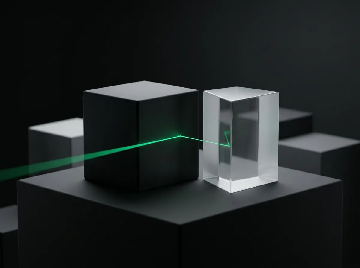 A translucent glass prism and a dark ceramic cube on a dark plinth, connected by a single thin emerald light beam, representing the attribution seam between two entities