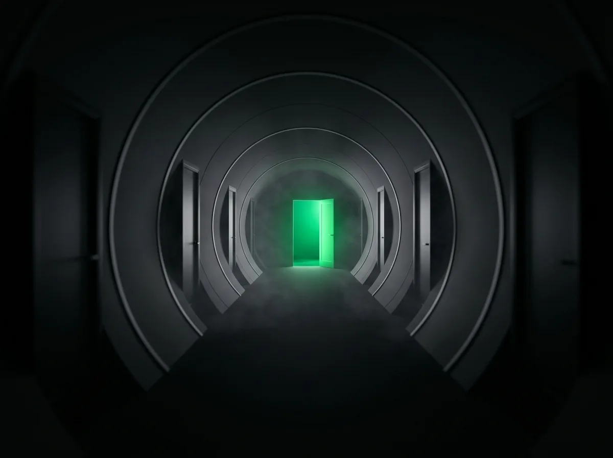 A long dark tunnel lined with closed matte-black doors, with one door at the far end open and glowing emerald, representing the single approved path through a walled vendor garden
