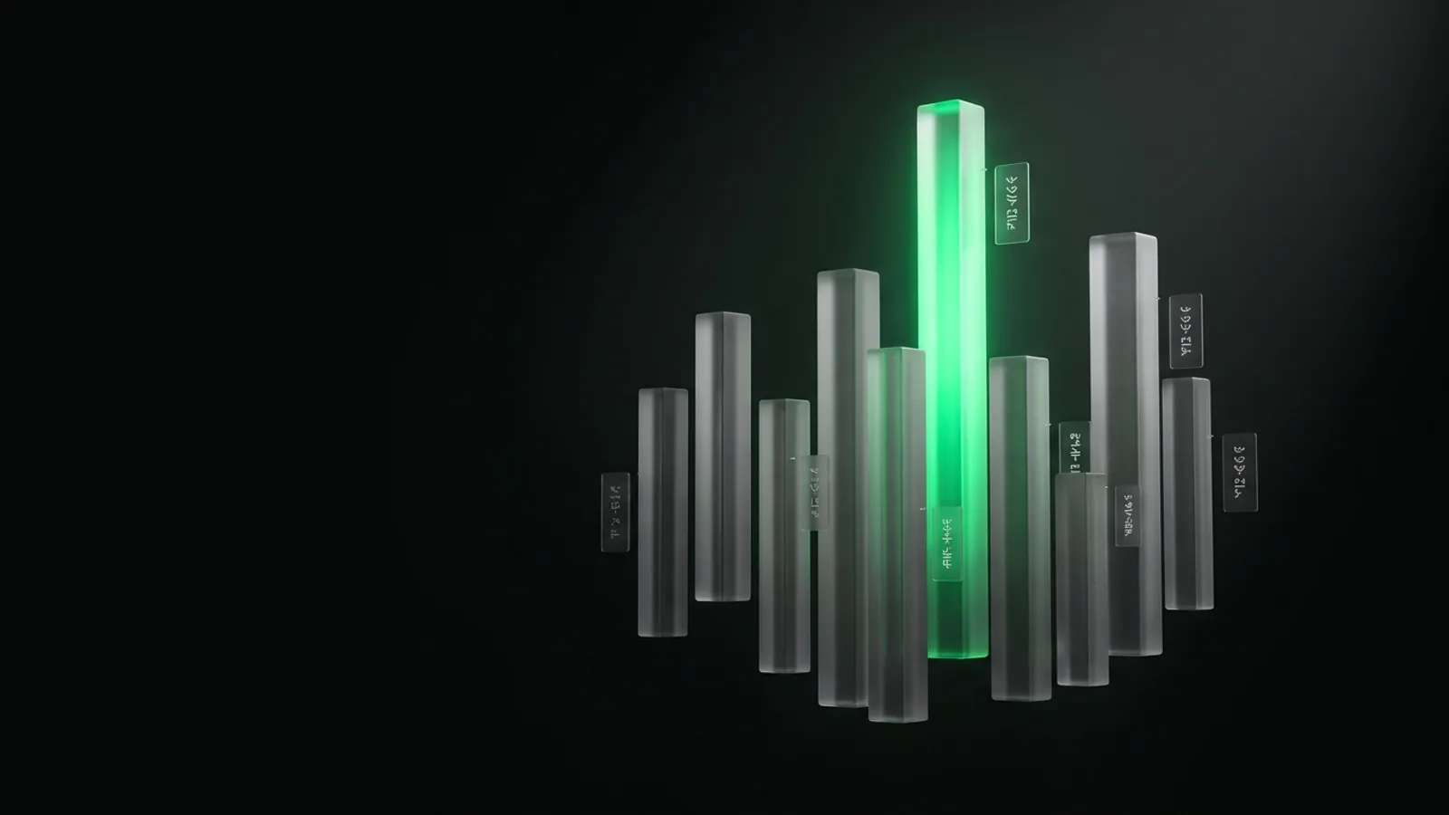 A floating cluster of frosted-glass bar columns in a dark void, tallest bar glowing emerald green, representing model cost tiers
