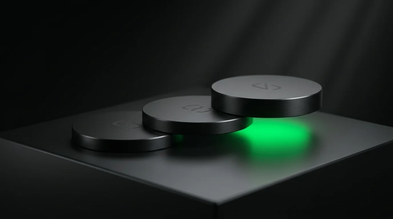 Three matte-black stacked discs of increasing height on a reflective plinth, the tallest glowing emerald from beneath