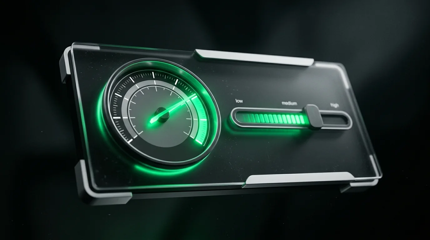 A glowing emerald gauge dial and slider floating above a dark frosted-glass panel, representing an adjustable reasoning effort setting