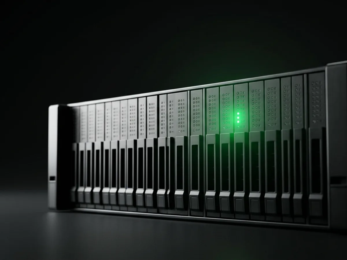A dense row of sealed server rack panels in matte black, with a single emerald green status LED burning in the dark.