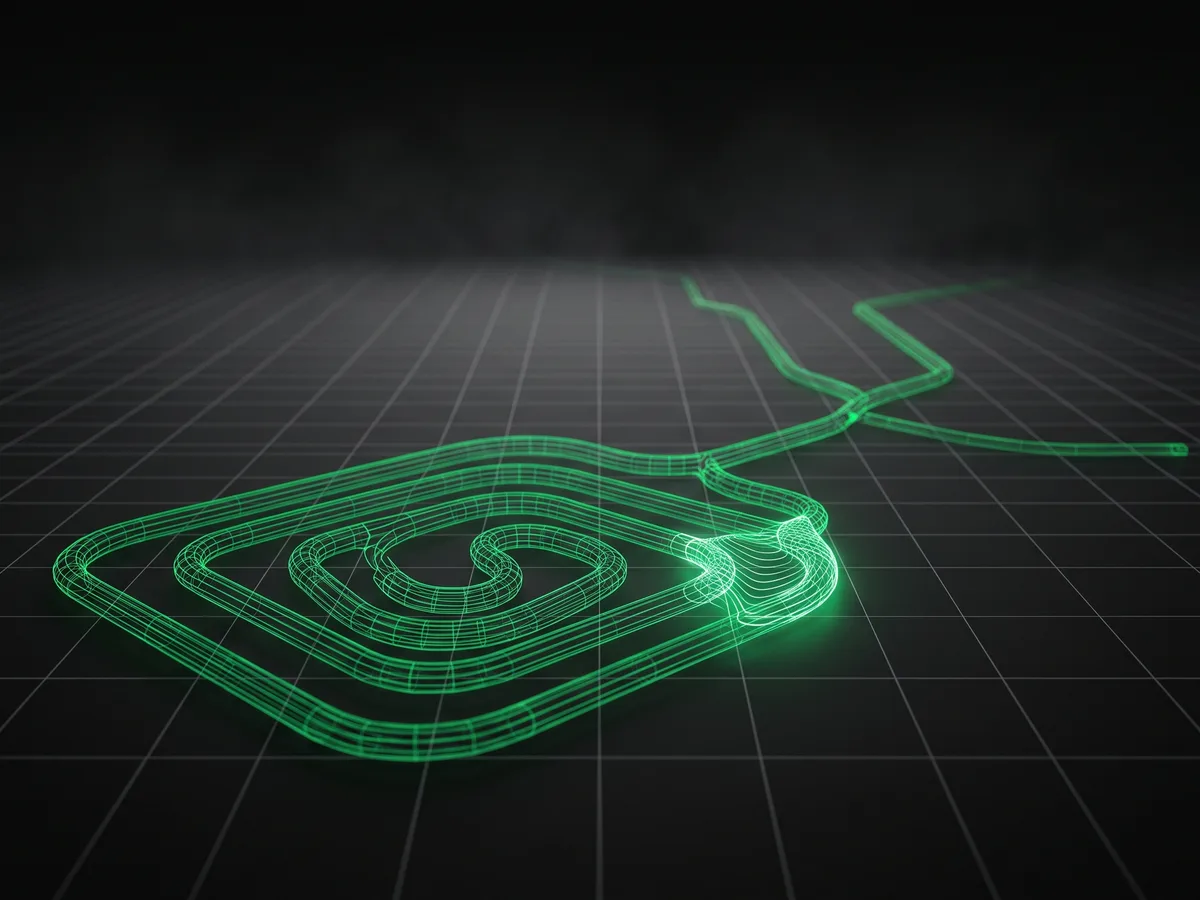 A dark perspective grid with a single emerald green wireframe path retracing itself in a loop before breaking through.