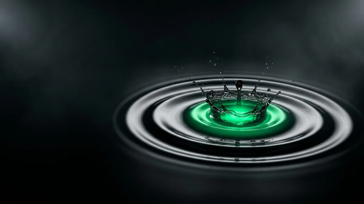 A slow-motion frozen splash of dark liquid striking a calm near-black surface, one vivid emerald flash at the singular impact point sending a wide grayscale ripple out across the still water, the surrounding calm untouched