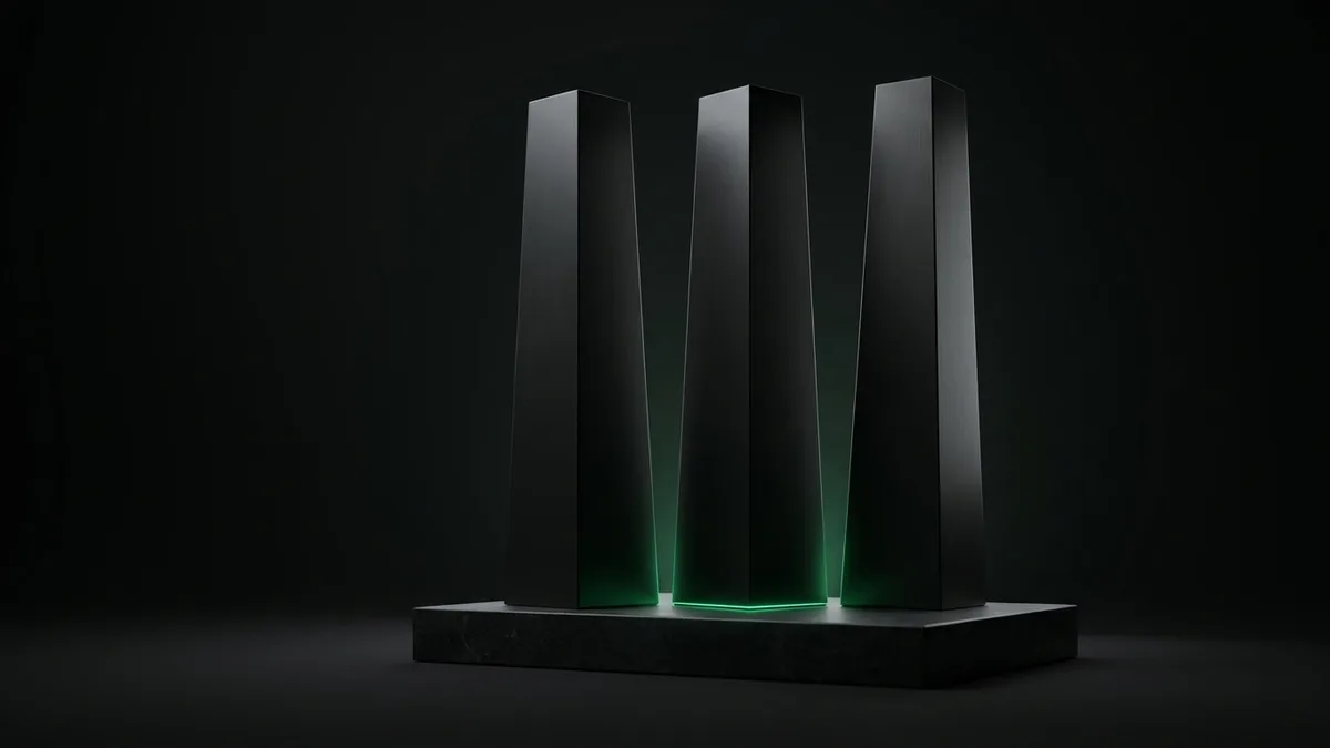 Two identical matte-black monolithic towers standing side by side on a single shared dark plinth, a lone vivid emerald seam glowing where their common base meets, the rest grayscale