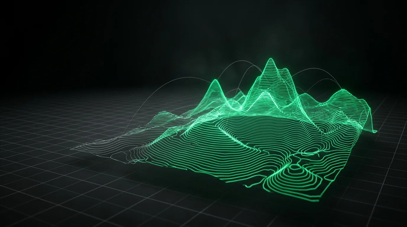 Archetype 5 (topographic): An infinite dark grid plane with emerald wireframe terrain rising from it, emerald contour lines glowing at the peaks, implying the cost and routing landscape OpenRouter arbitrages