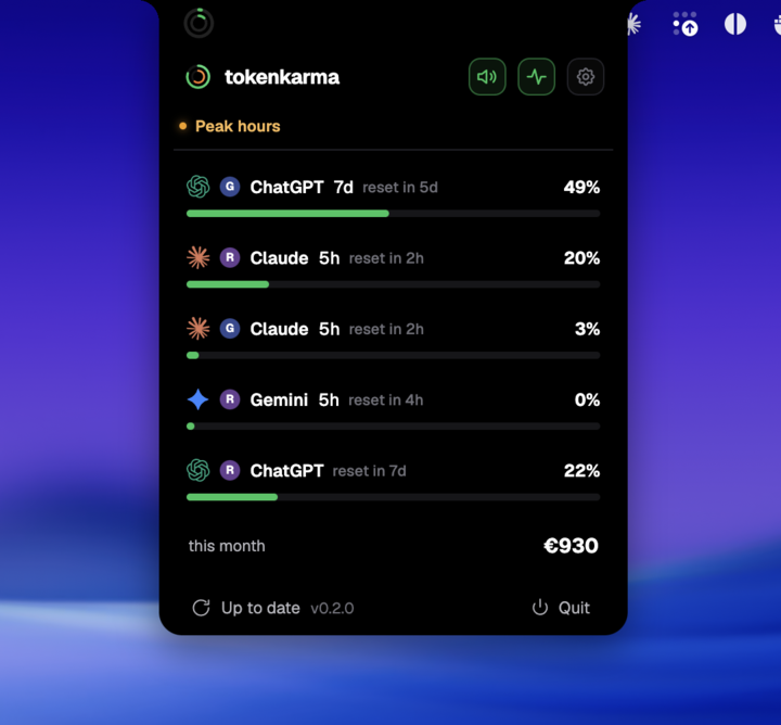TokenKarma on Mac showing account usage, remaining limits and reset times.