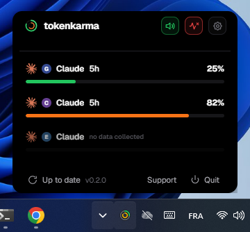 TokenKarma on Windows showing separate Claude accounts and their usage.