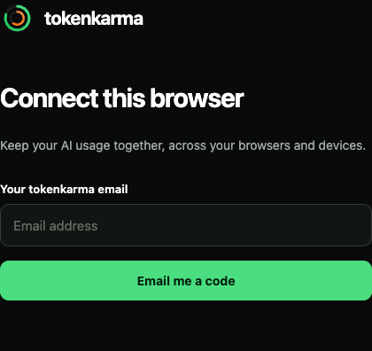 Tokenkarma email sign-in screen with an email field and an Email me a code button